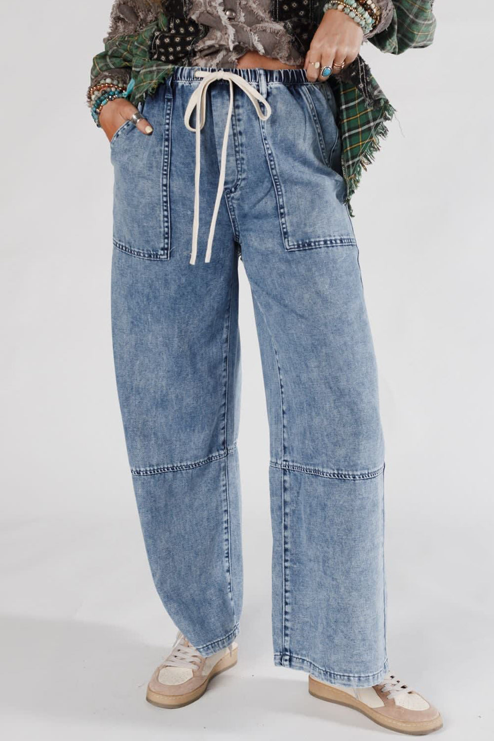 Acid Wash Drawstring Waistband Jeans September.