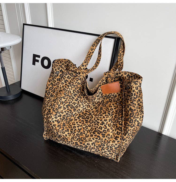 Denim Leopard Print Large Capacity Tote Bag