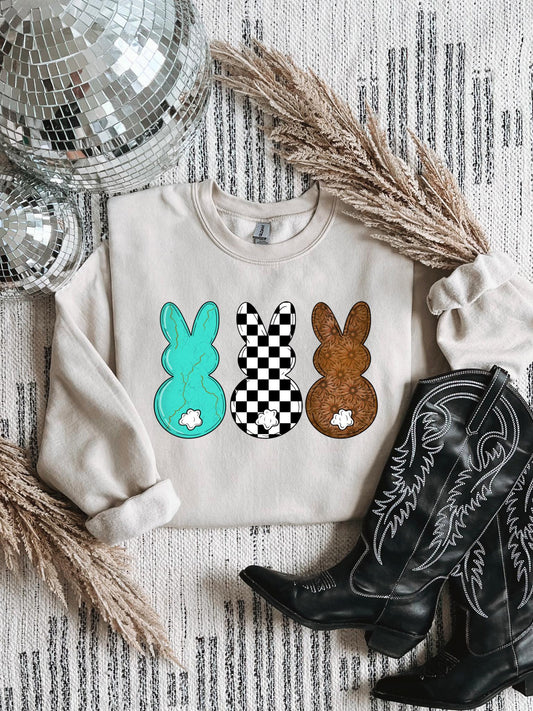 Western bunny faux leather checker turquoise tee & sweatshirt