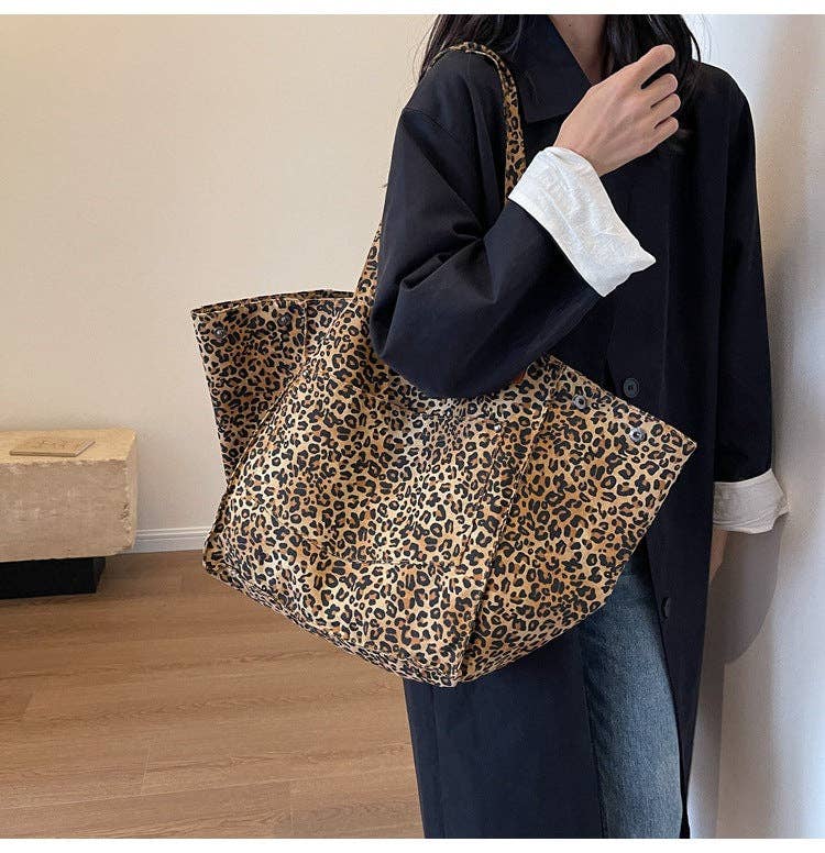 Denim Leopard Print Large Capacity Tote Bag