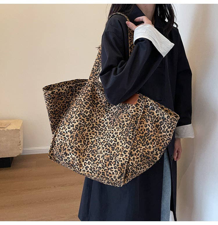 Denim Leopard Print Large Capacity Tote Bag