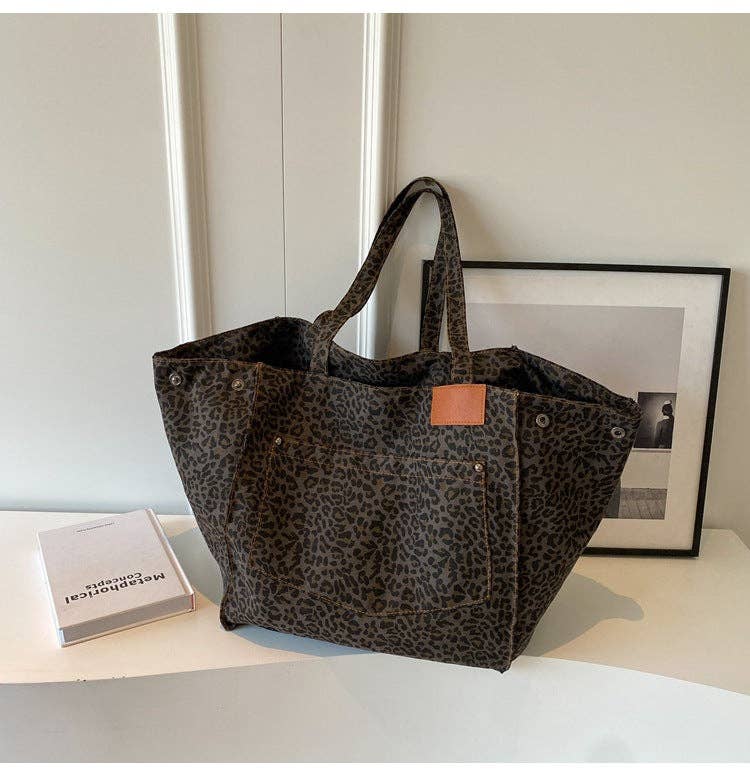 Denim Leopard Print Large Capacity Tote Bag