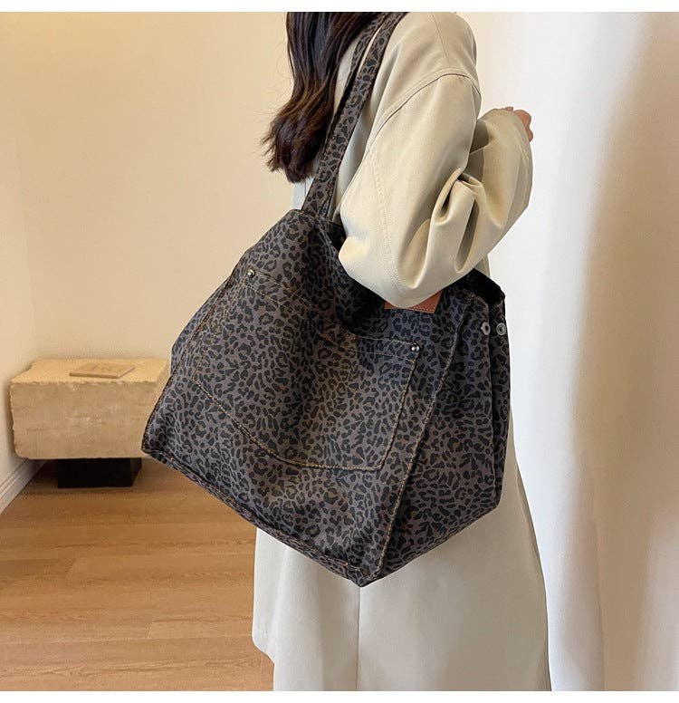 Denim Leopard Print Large Capacity Tote Bag