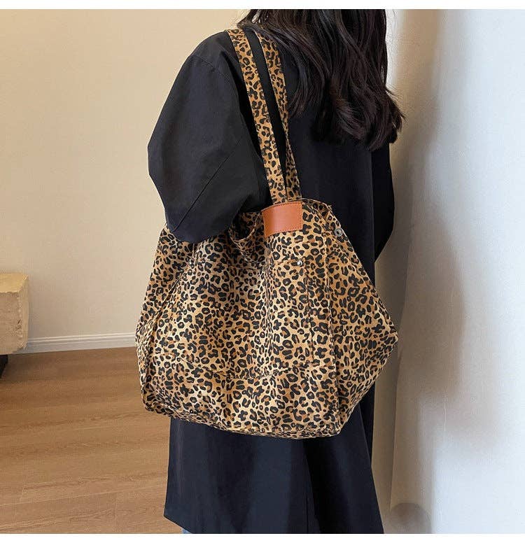 Denim Leopard Print Large Capacity Tote Bag