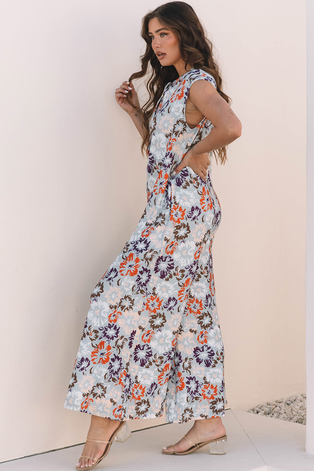 Kylee Floral Sleeveless Buttoned Wide Leg Jumpsuit