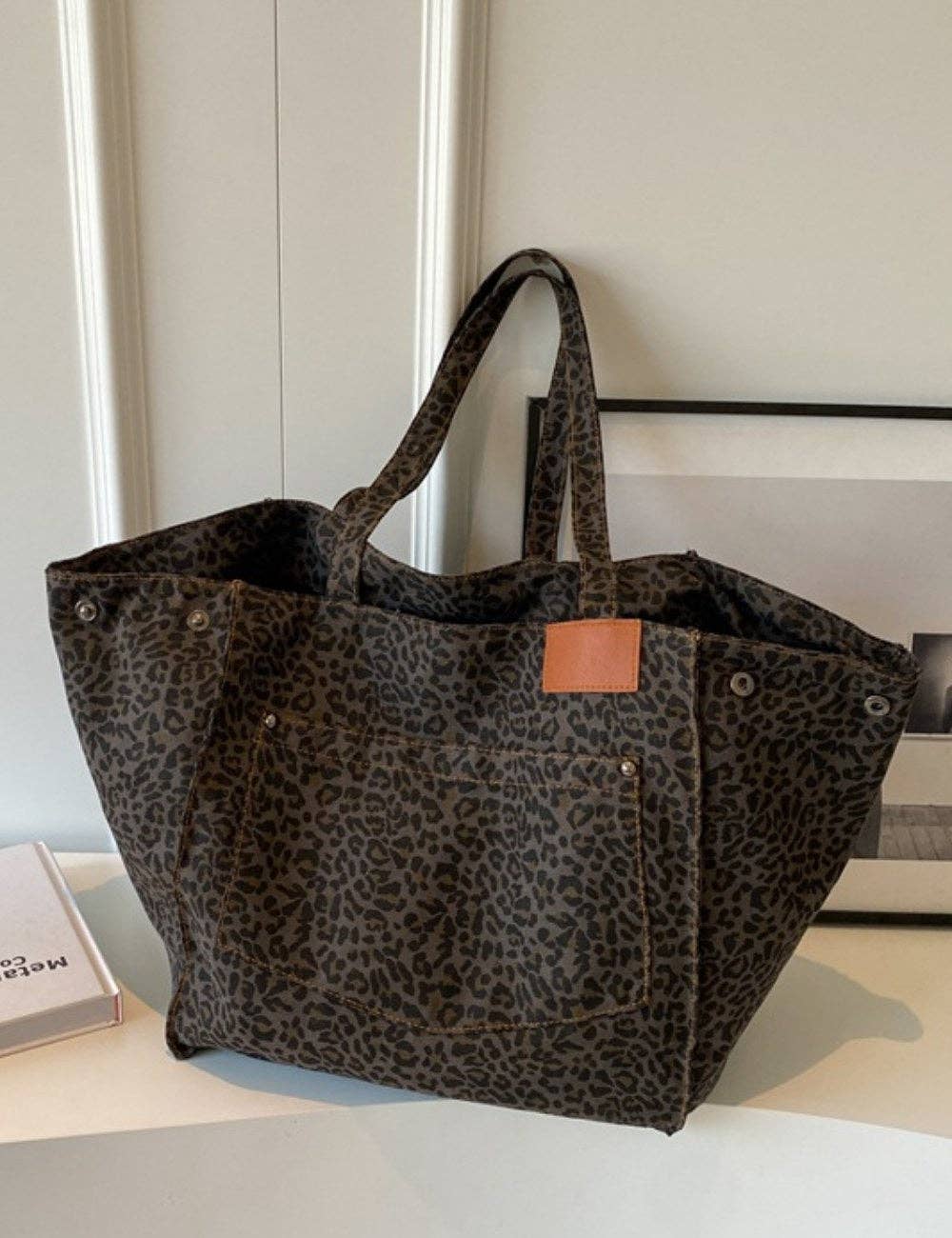 Denim Leopard Print Large Capacity Tote Bag
