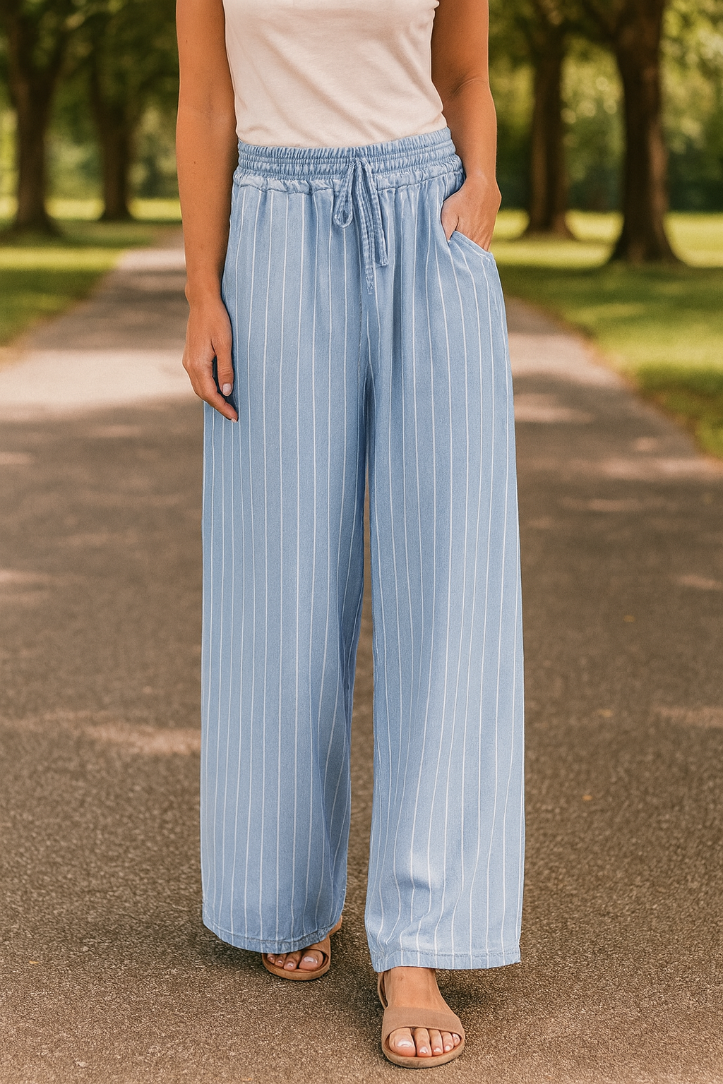 Stripe Chambray Elastic Pants September.