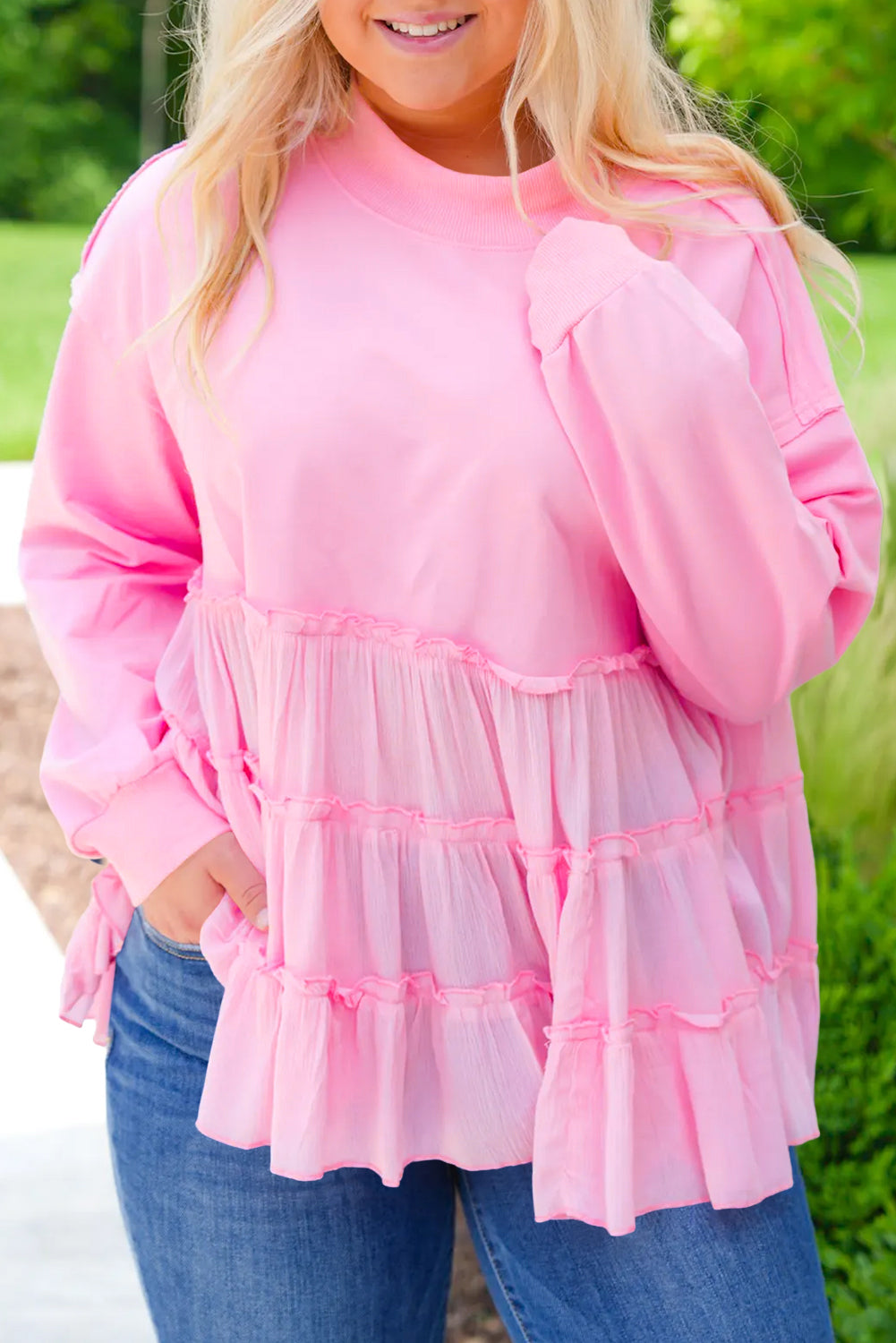 Pink Tiered Plus Size Blouse RTS