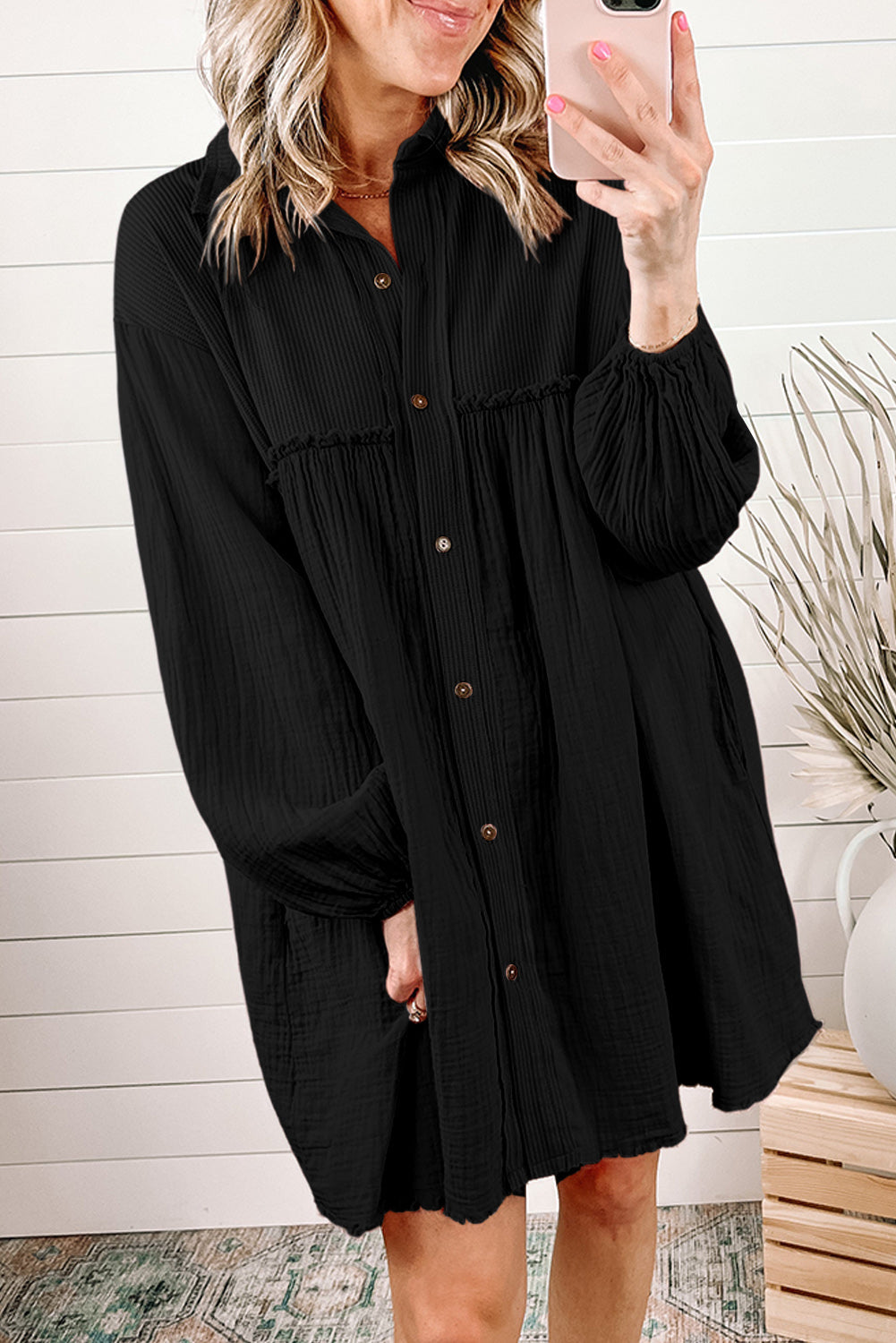 Black Crinkle Puff Dress RTS