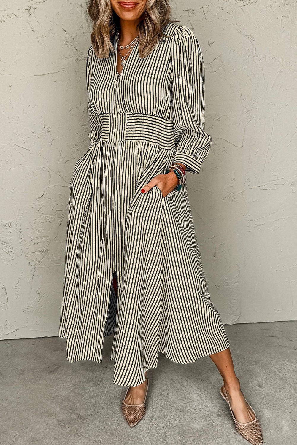 Stripe Clinched Midi Dress October.