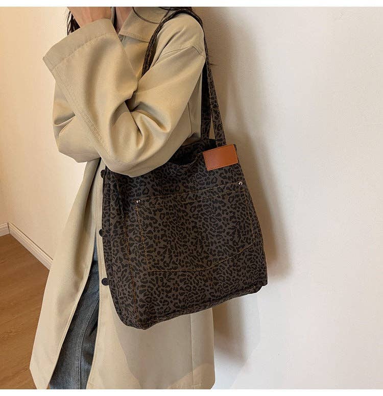 Denim Leopard Print Large Capacity Tote Bag