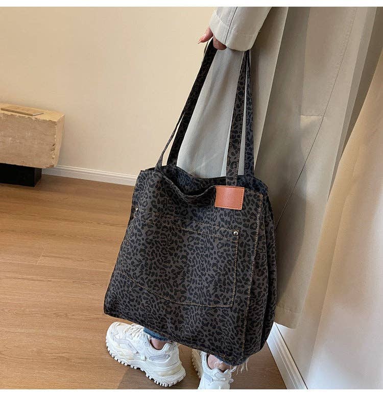 Denim Leopard Print Large Capacity Tote Bag